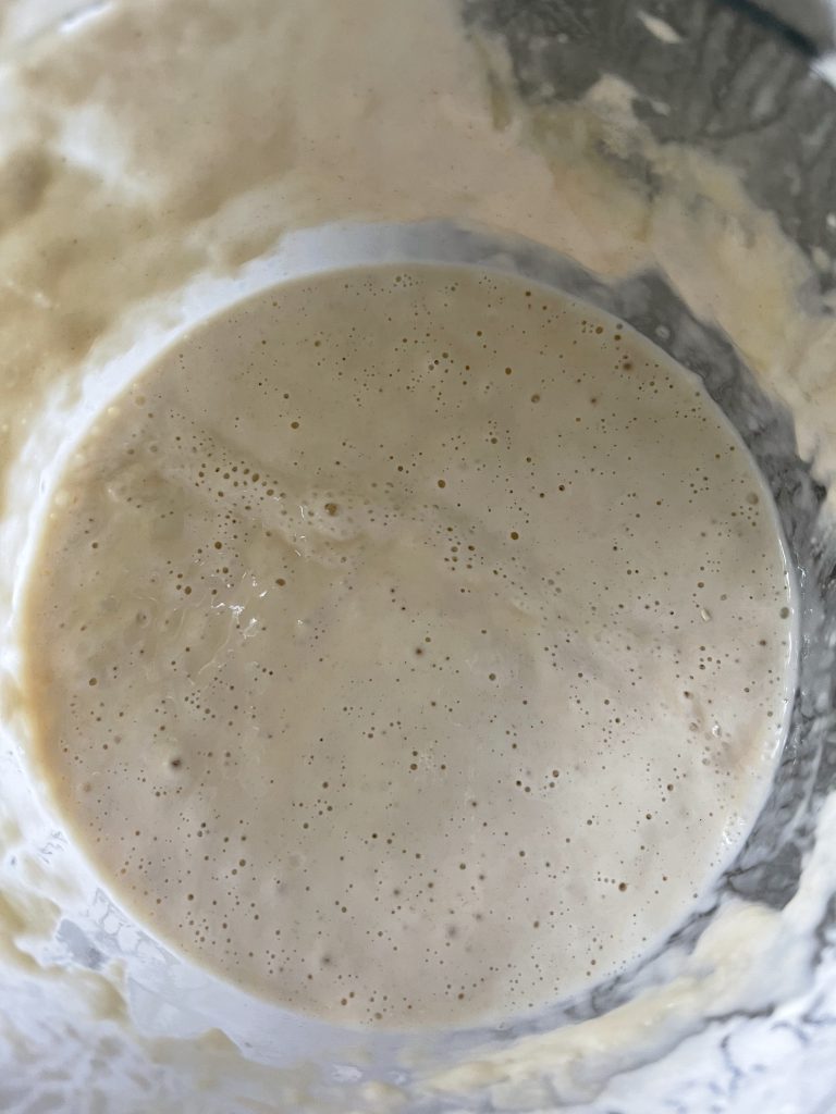 Up close image of active and bubbly sourdough starter